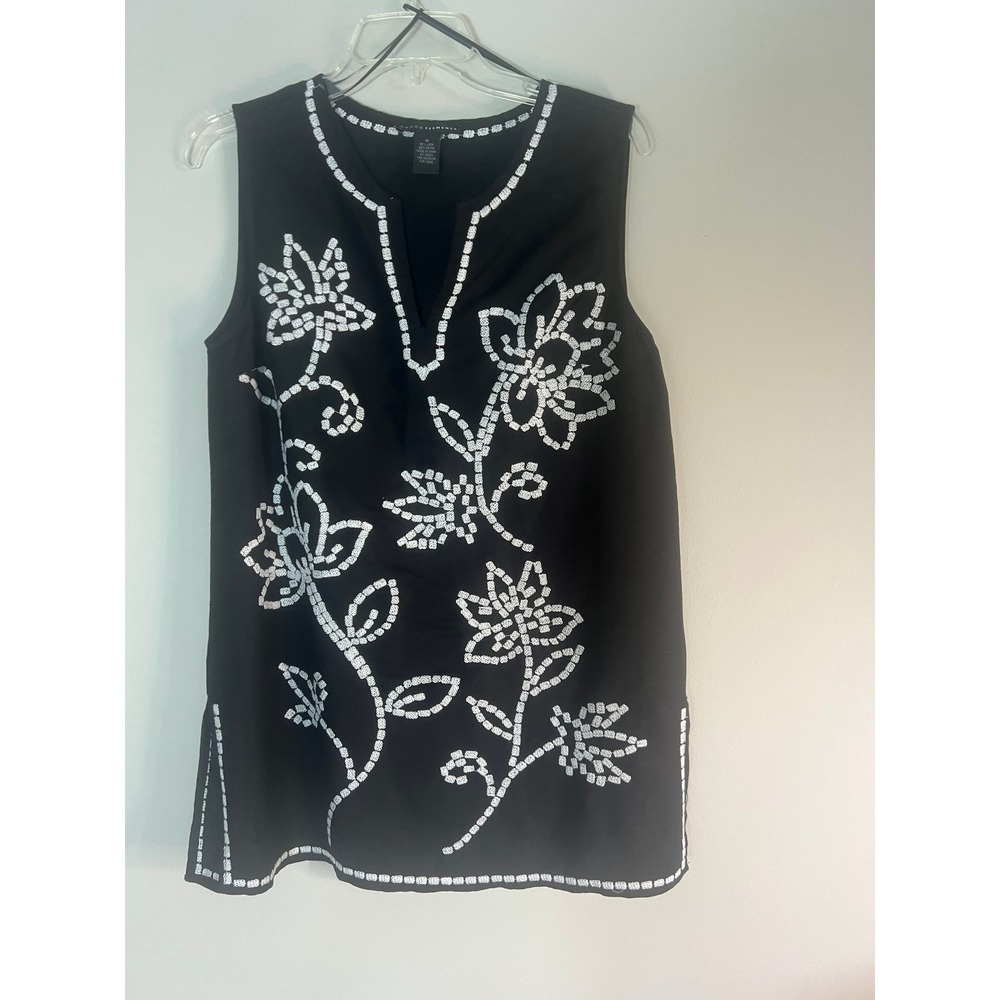 Grace Elements Black Linen Blend Floral Embroidered Sleeveless Tunic Top M